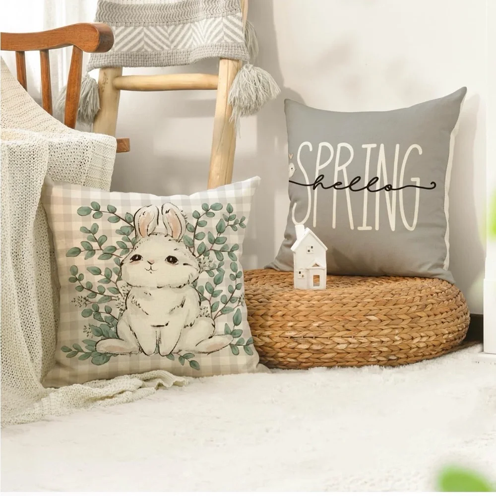 Spring Easter Bunny Decorative Throw Pillow Covers - 18”x 18” Set of 4